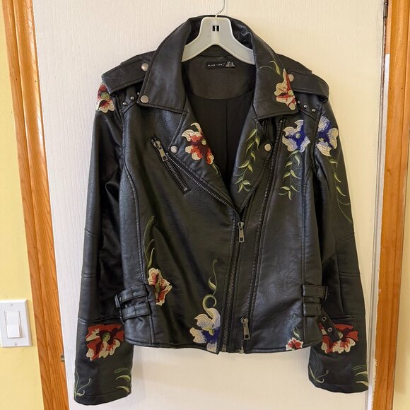 Embroidered Black. Vegan Leather Jacket - Picture 1 of 6